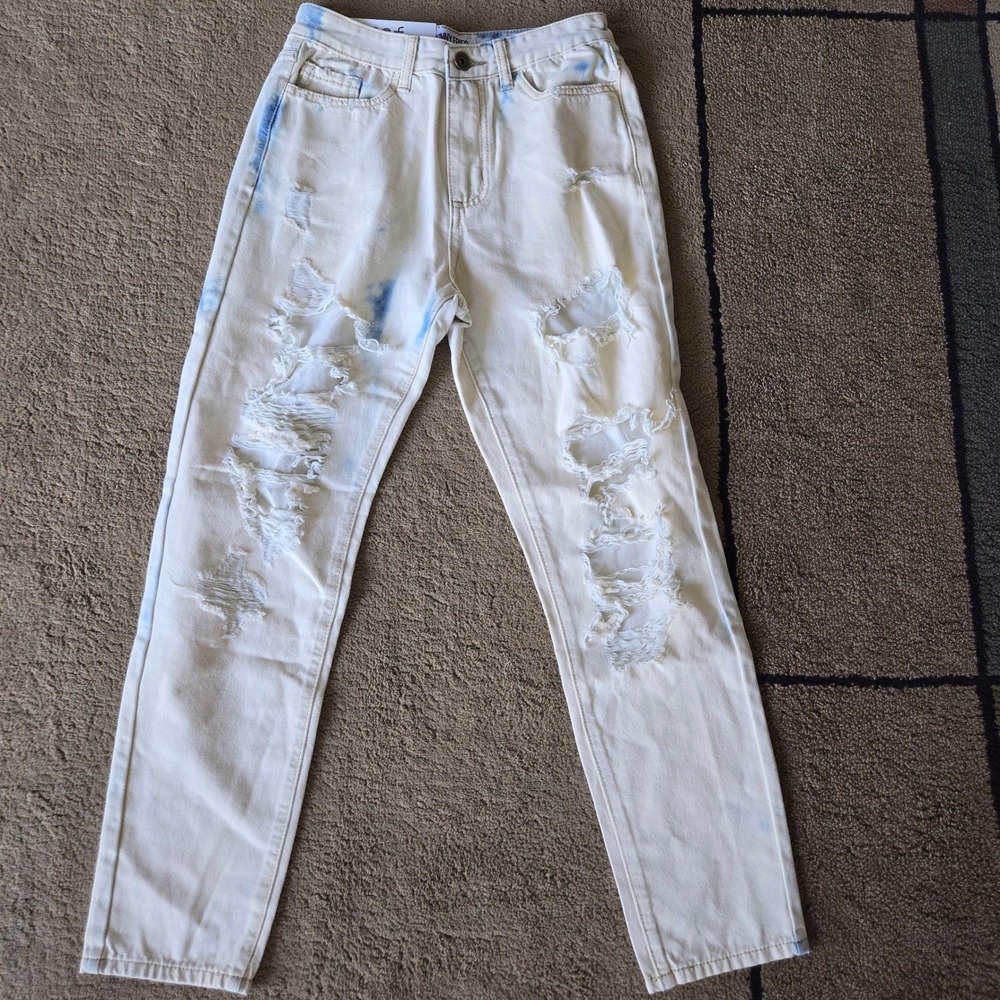 Skinny Fries Denim Mom Jeans Cream Blue Tie Dye Distressed SP11512 Size 12 NEW